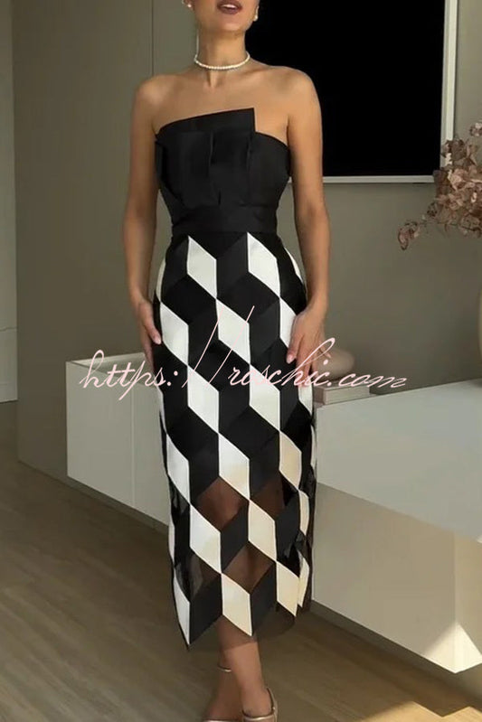 Tube Top and Backless Rhombus Contrast Midi Dress
