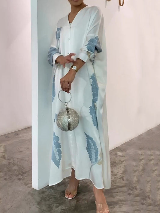 Long Sleeves Buttoned Contrast Color Flower&leaves Print Muslim V-neck Maxi Dress
