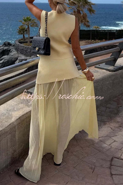 Stylish and Knit Spliced Tulle Elastic Waist Pleated Maxi Skirt