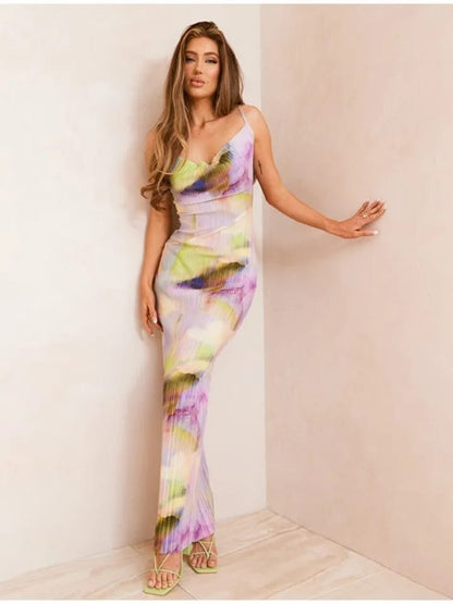 Spaghetti Strap Pleated Cowl Neck Maxi Dress