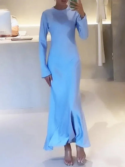 A-line High Waisted Color Round-neck Maxi Dresses