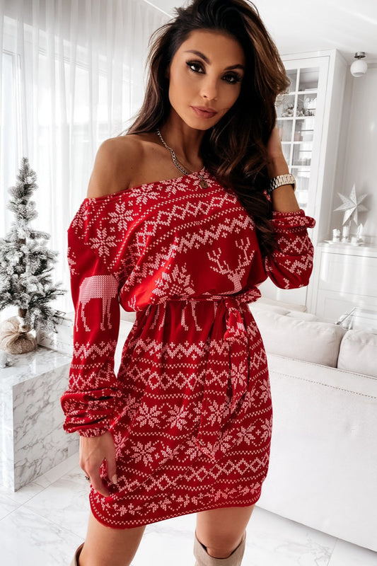 Christmas Print Long Sleeve Tie Waist Mini Dress