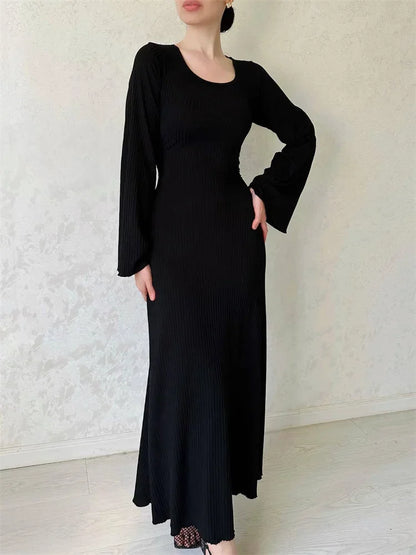 Black Ribbed Maxi Dress for Loose Slim High Waist Long Sleeve Party Dress Female Autumn Dress