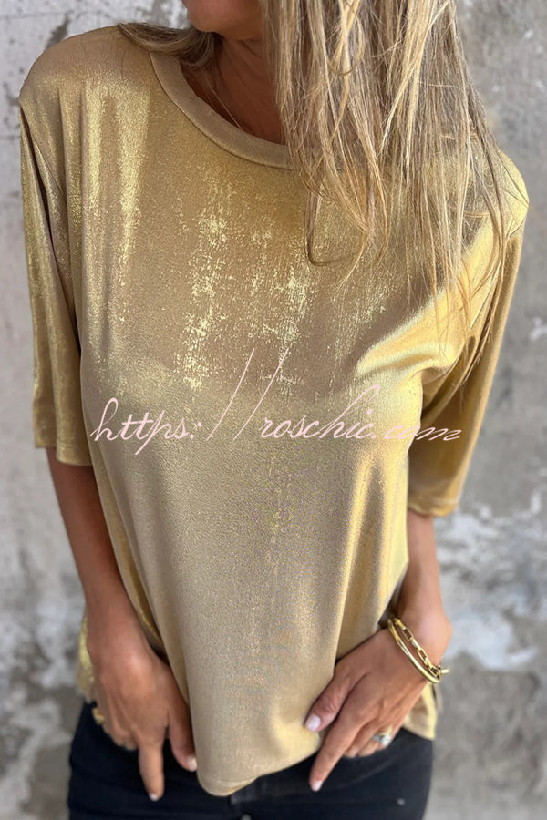 Metallic Color Round Neck Short-sleeved Loose T-shirt