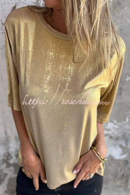 Metallic Color Round Neck Short-sleeved Loose T-shirt