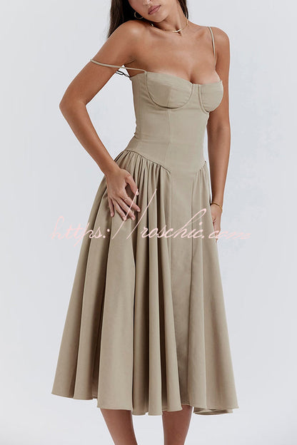 Color Slim Fit Suspender Pocket Midi Dress