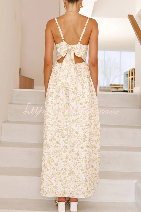 Print V-neck Sleeveless Back Tie Pocket Maxi Dress