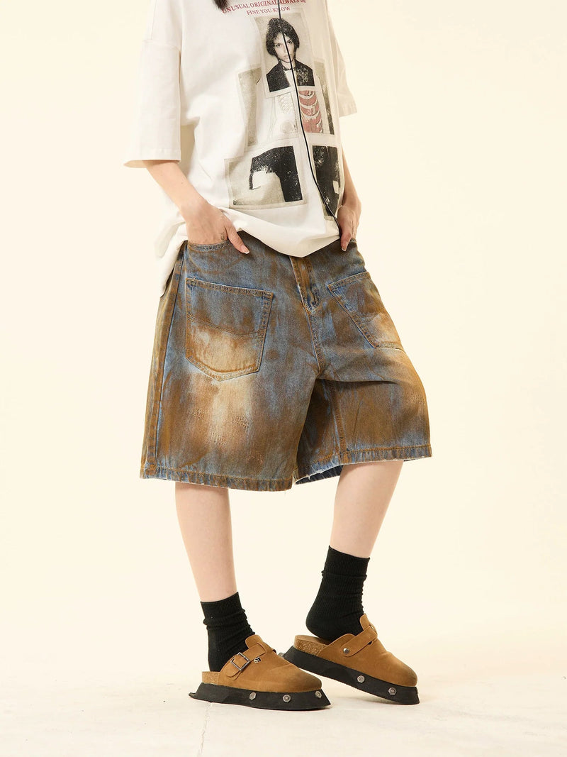 Distressed Denim Oversized Pocket Shorts