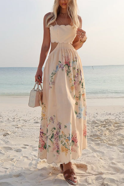 Cabo Sunsets Print Petal Trim Back Lace-up Midi Dress