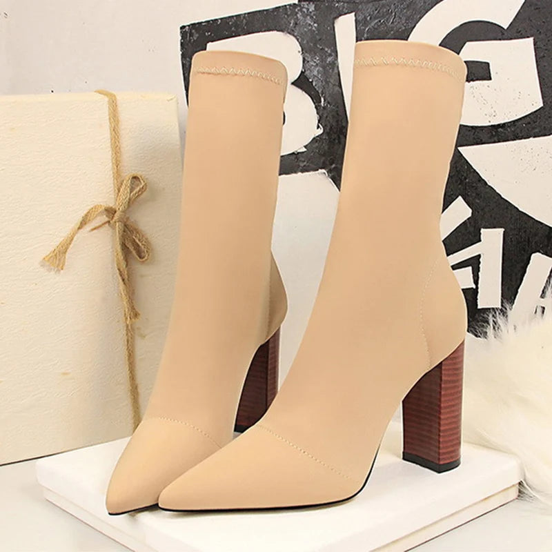 Size 42 43 Ankle Boots Square High Heels Pumps Fall Comfort Stretch Fabric Sock Boot Femme Party Dress Shoes