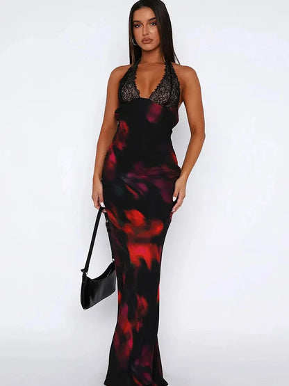 Halterneck Tie-dye Backless Lace Maxi Dress