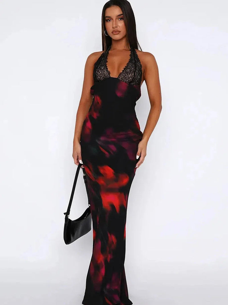 Halterneck Tie-dye Backless Lace Maxi Dress