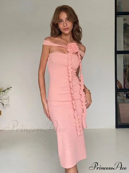 Bianca Bodycon Midi Dresses Graceful With Ruched and Rose Detail
