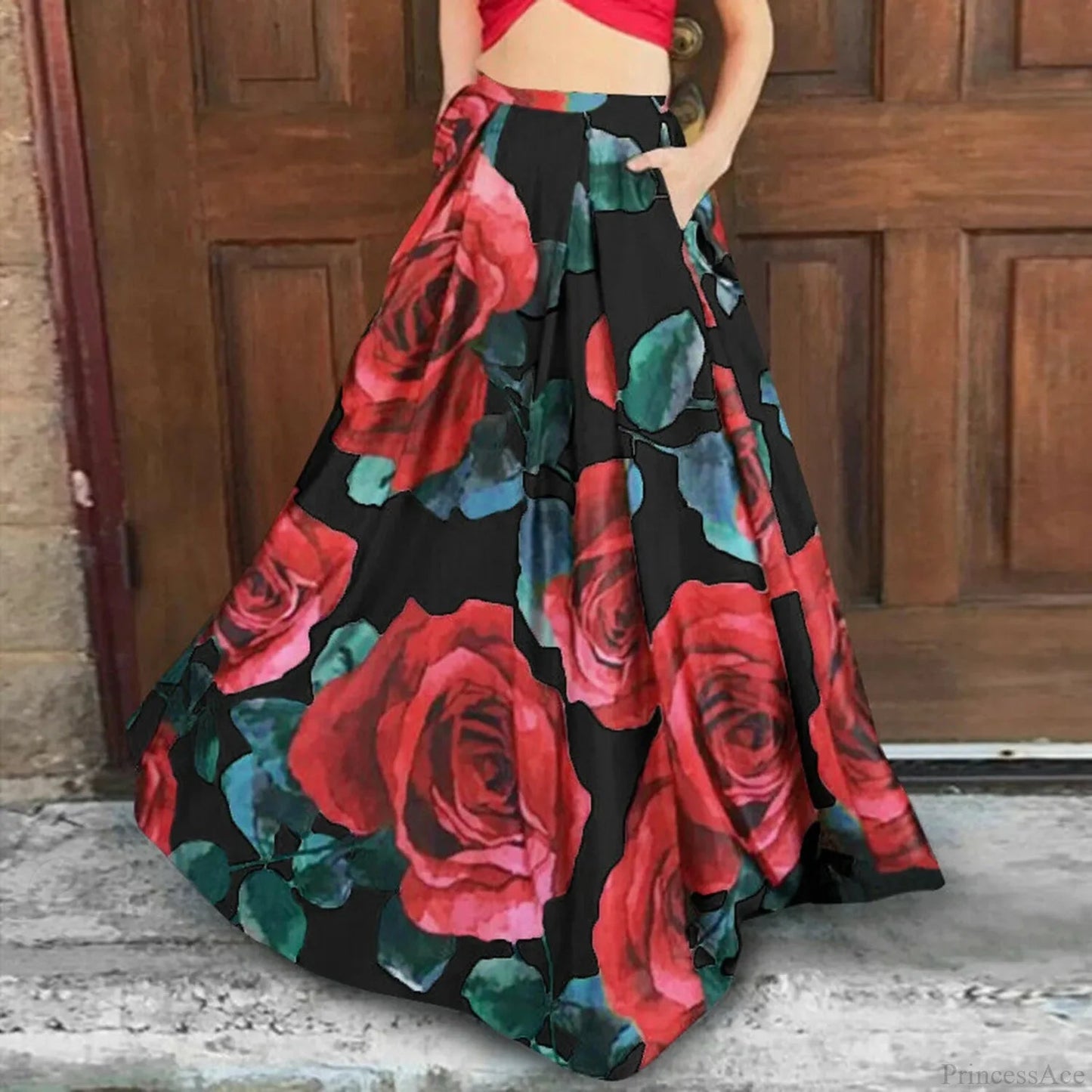 Big Flower Printed A-line High Waist Long Maxi Skirt