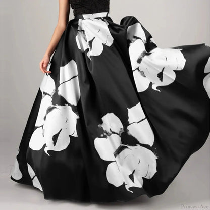 Big Flower Printed A-line High Waist Long Maxi Skirt