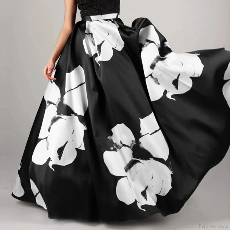 Big Flower Printed A-line High Waist Long Maxi Skirt