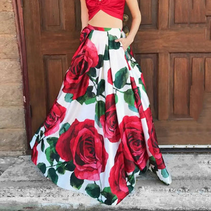 Big Flower Printed A-line High Waist Long Maxi Skirt