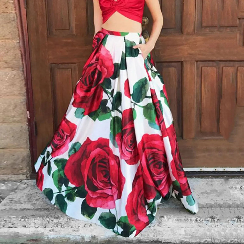 Big Flower Printed A-line High Waist Long Maxi Skirt