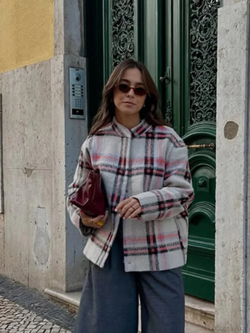 Big Plaid Print Woolen Bomber Coat