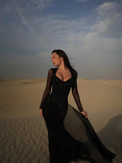 Mariam Full Sleeve Mesh See Through V Neck Jumpsuit