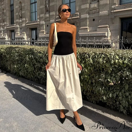 Black and White Charming Colorblock Tube Maxi Dress