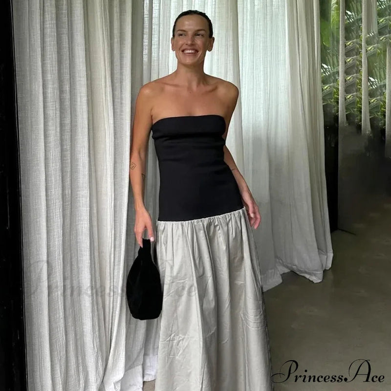 Black and White Charming Colorblock Tube Maxi Dress