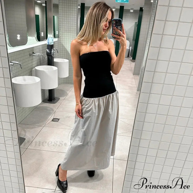 Black and White Charming Colorblock Tube Maxi Dress