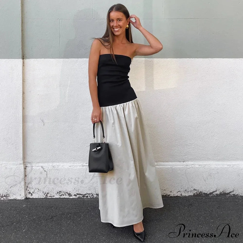 Black and White Charming Colorblock Tube Maxi Dress