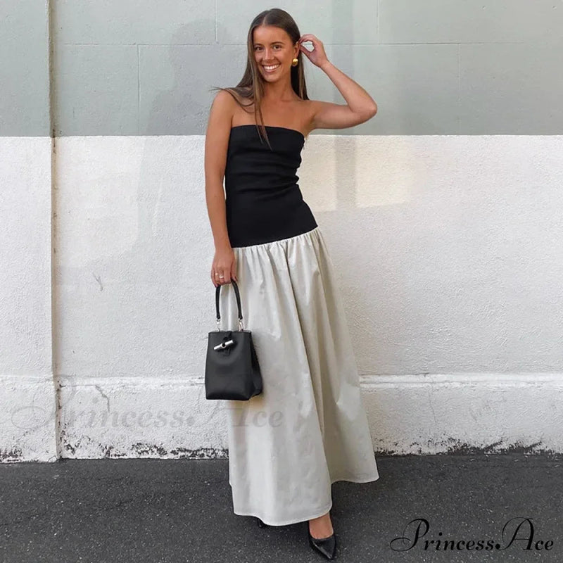 Black and White Charming Colorblock Tube Maxi Dress