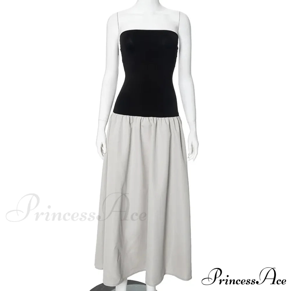 Black and White Charming Colorblock Tube Maxi Dress