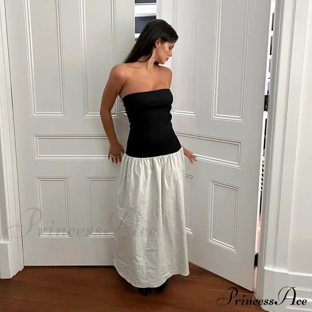 Black and White Charming Colorblock Tube Maxi Dress