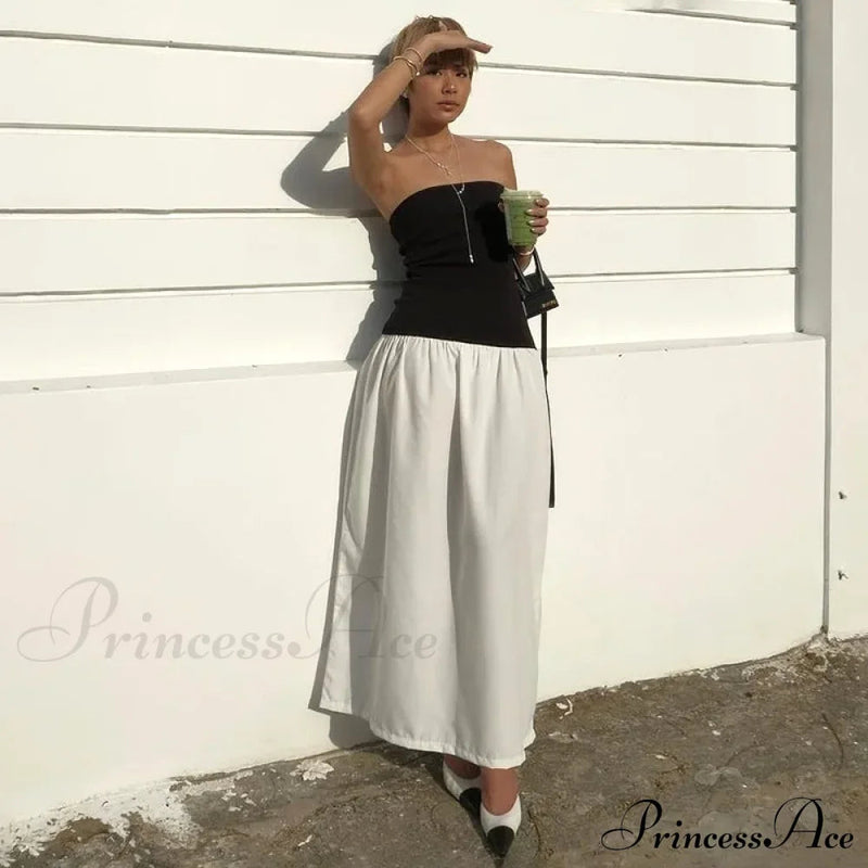 Black and White Charming Colorblock Tube Maxi Dress