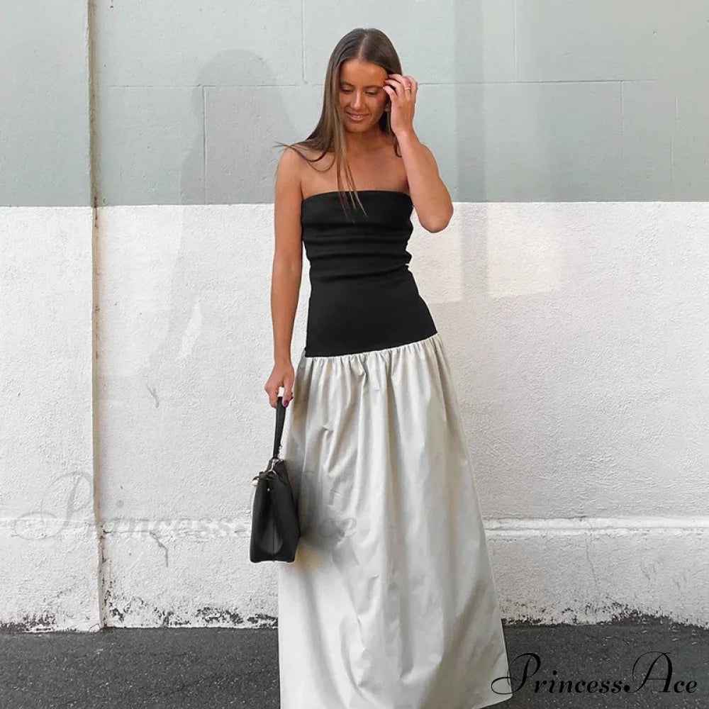 Black and White Charming Colorblock Tube Maxi Dress