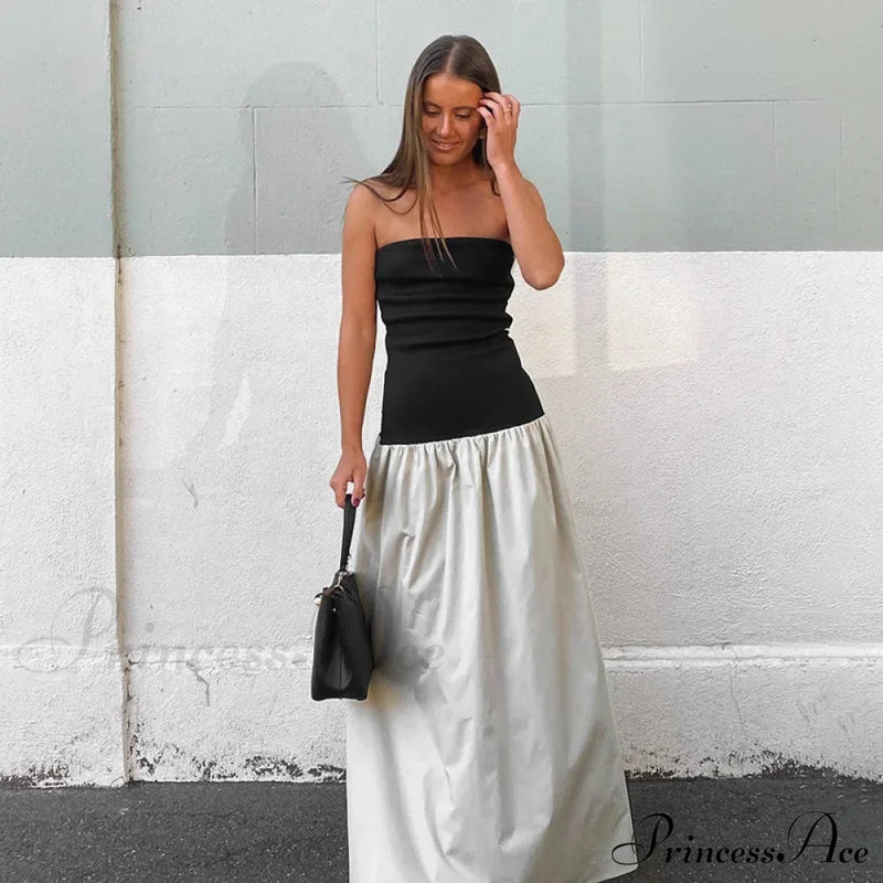 Black and White Charming Colorblock Tube Maxi Dress