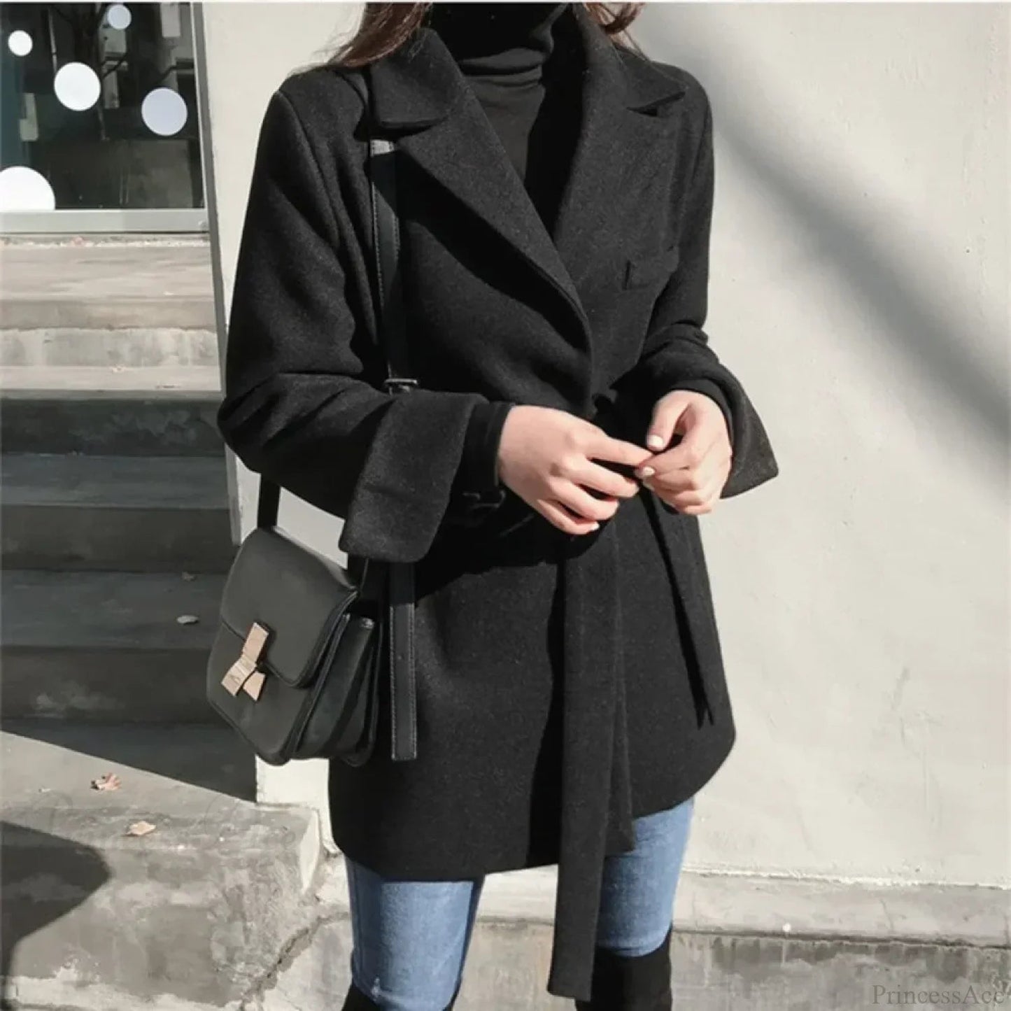 Black Blazer Wool Blend Lace-up Overcoat