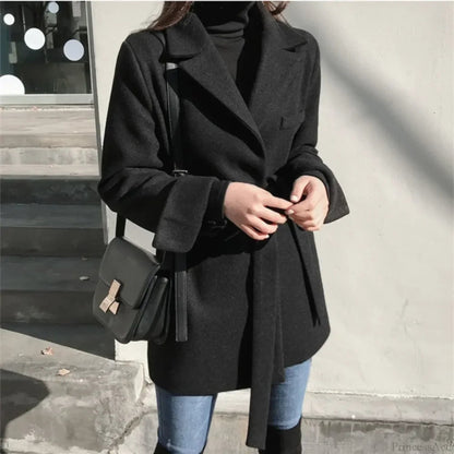 Black Blazer Wool Blend Lace-up Overcoat
