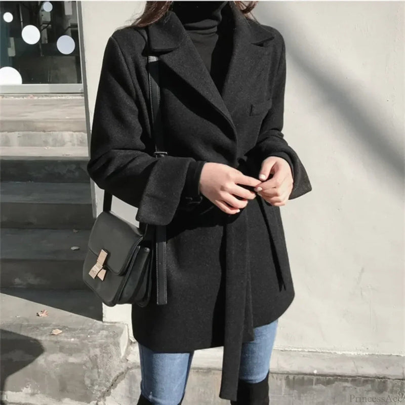 Black Blazer Wool Blend Lace-up Overcoat