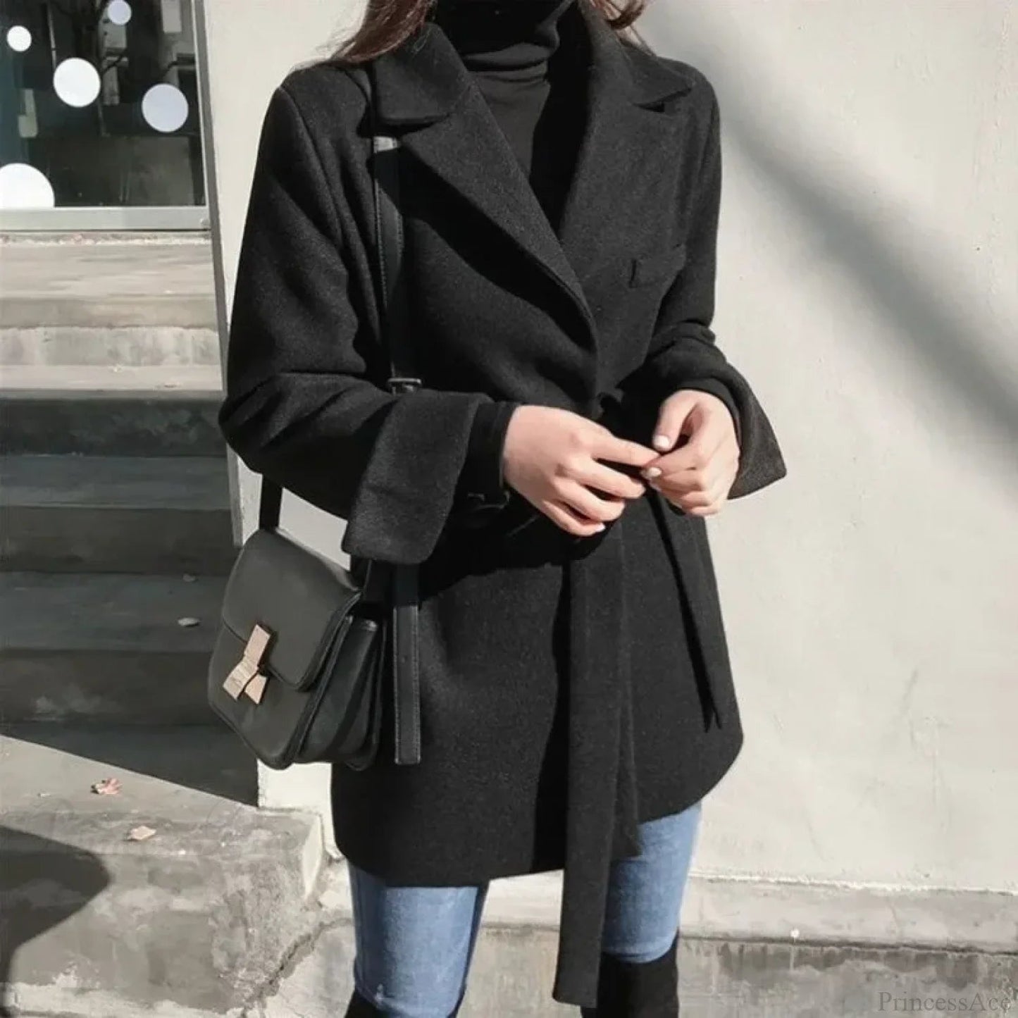 Black Blazer Wool Blend Lace-up Overcoat