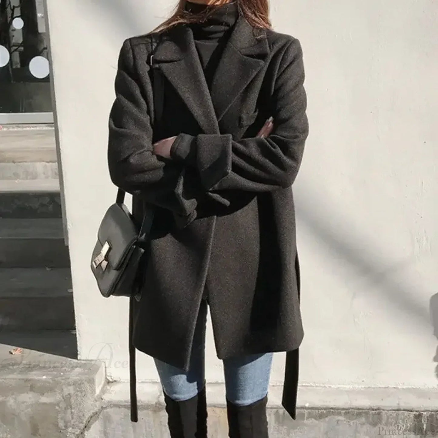 Black Blazer Wool Blend Lace-up Overcoat