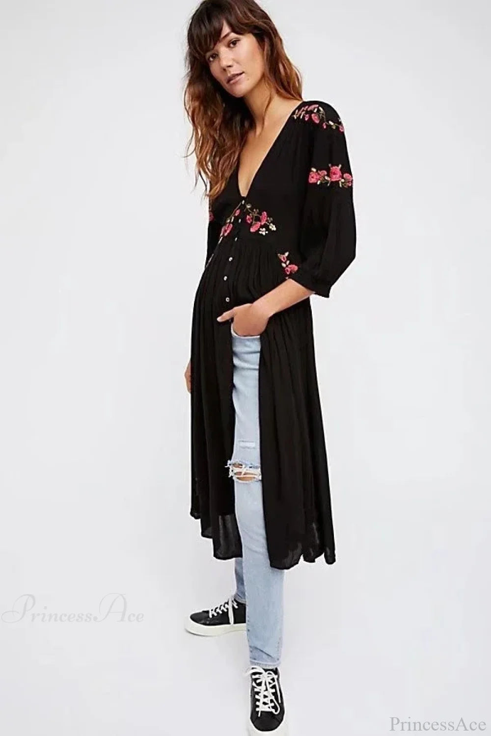 Black Long Dress Embroidery V-neck Hippie Dress