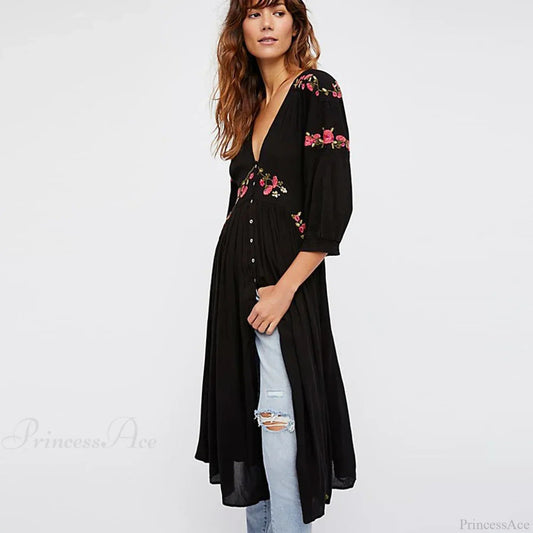 Black Long Dress Embroidery V-neck Hippie Dress