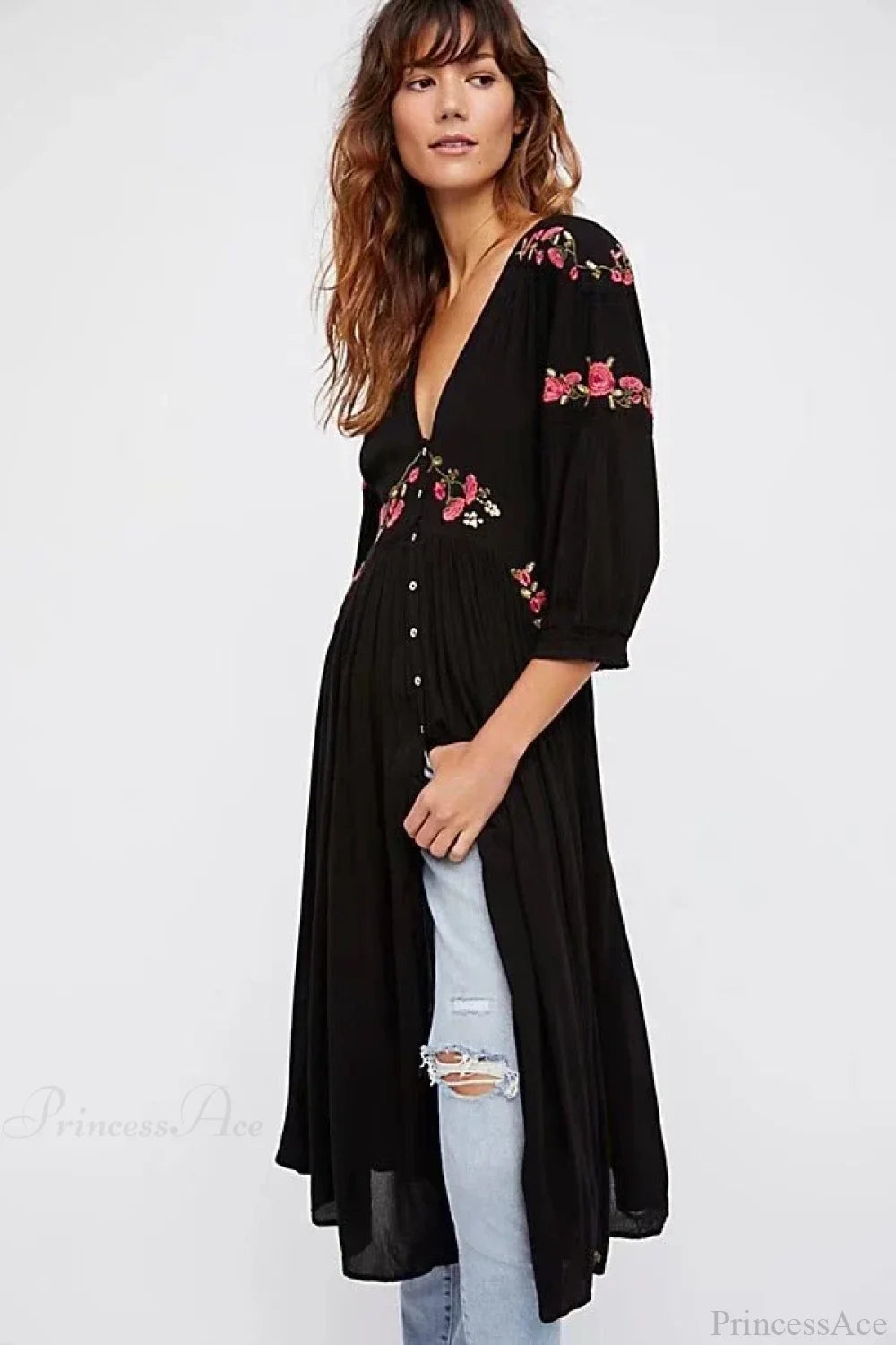 Black Long Dress Embroidery V-neck Hippie Dress