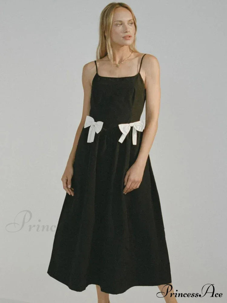 Black Bow Charming Strap Midi Dress