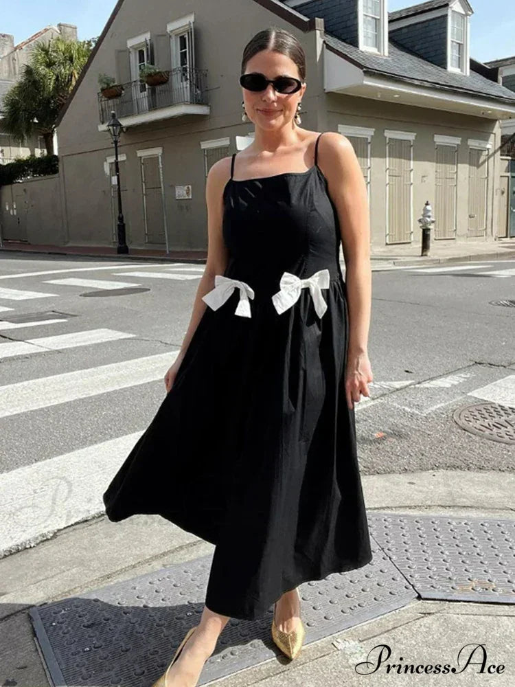 Black Bow Charming Strap Midi Dress