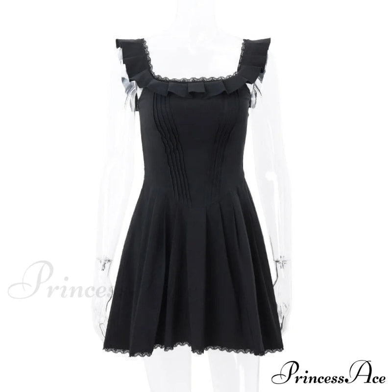Black Corset Square Neck Graceful Frill Strap Mini Dress