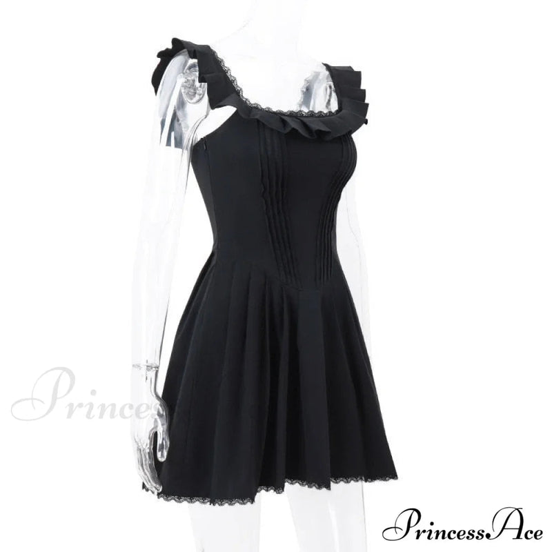 Black Corset Square Neck Graceful Frill Strap Mini Dress