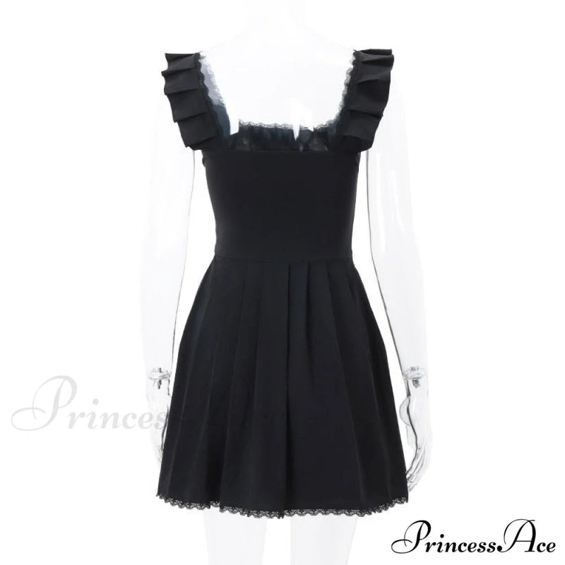 Black Corset Square Neck Graceful Frill Strap Mini Dress