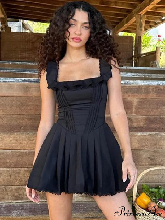 Black Corset Square Neck Graceful Frill Strap Mini Dress