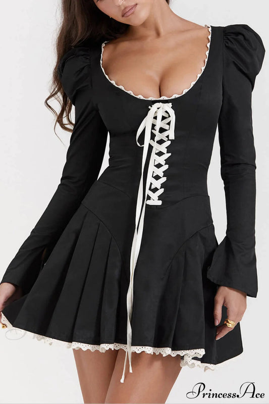 Black&cream Pleated Stylish Mini Dress