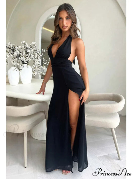 Black Deep Neck Charming High Split Maxi Dress